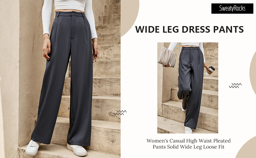 High Waist Pleated Pants Solid Wide Leg Loose Fit Suit Pants