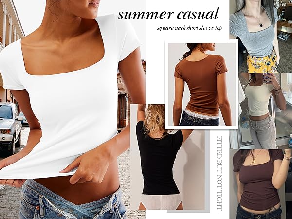 Square Neck Crop Top Short Sleeve T Shirts Slim Fitted Going Out Tops Y2K Cute Summer Basic Tees