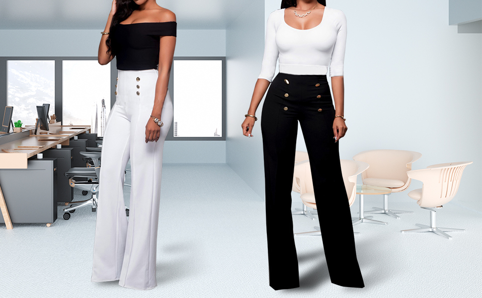 High Waisted Double Breasted Bell Flare Sailor Trousers for Casual Lounge Work Wear