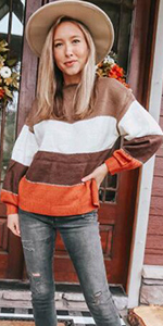 Womens Sweaters Casual Long Sleeve Crewneck Color Block Patchwork Pullover Knit Sweater Top