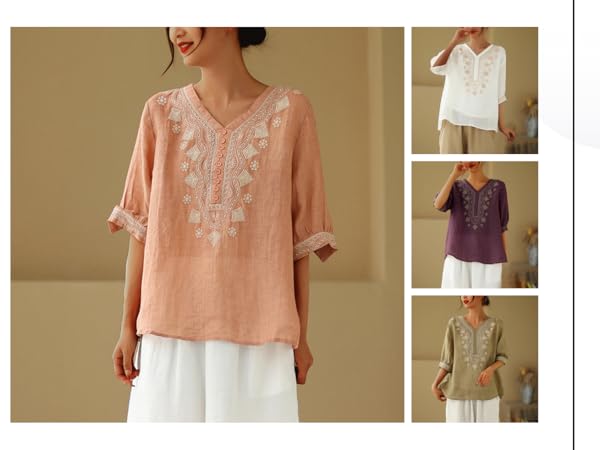 Mexican Embroidered Tees for Women, Women''s Ethnic Style Tops Summer Short Sleeve Boho Blouses