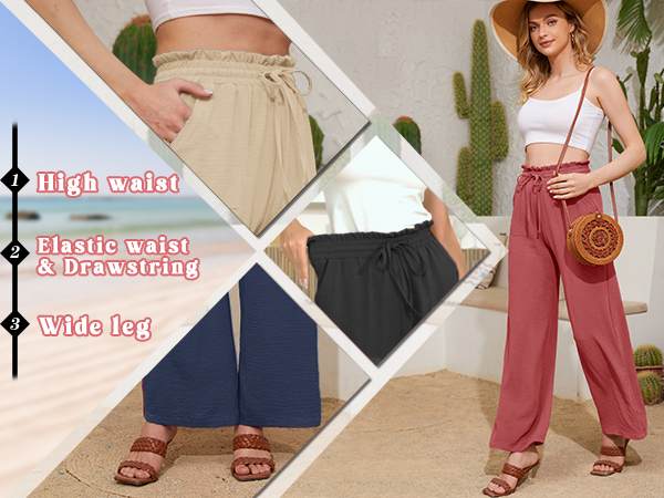 wide leg linen pants with two pockets, full elastic waist pants, high waisted trousers , loose fit