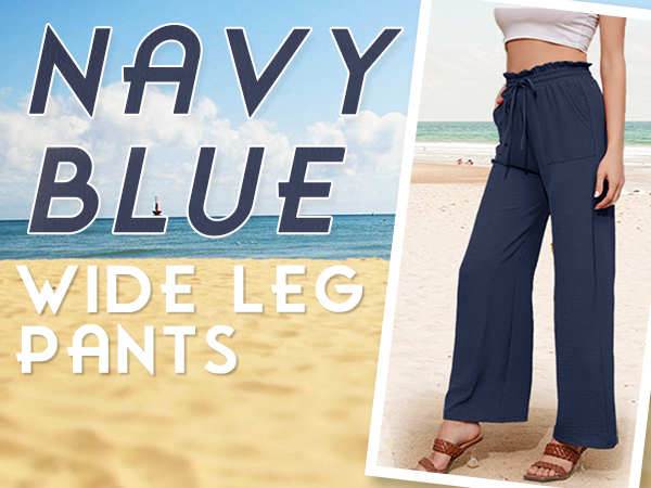 Navy Blue Summer Beach Pants Women''s Wide leg Linen Pants 