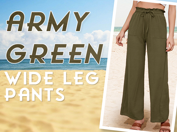 Army Green Summer Linen Pants, High Waisted Palazzo Pants Casual Flowy Pants