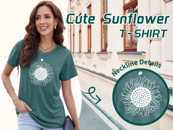 Women&#39;s Summer Short Sleeve Cute Sunflower Graphic Printed Tee Vintage T Shirt Cotton Tops