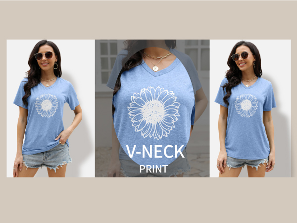 Women&#39;s Short Sleeve V Neck Sunflower Graphic Printed Summer Tee Vintage T Shirt