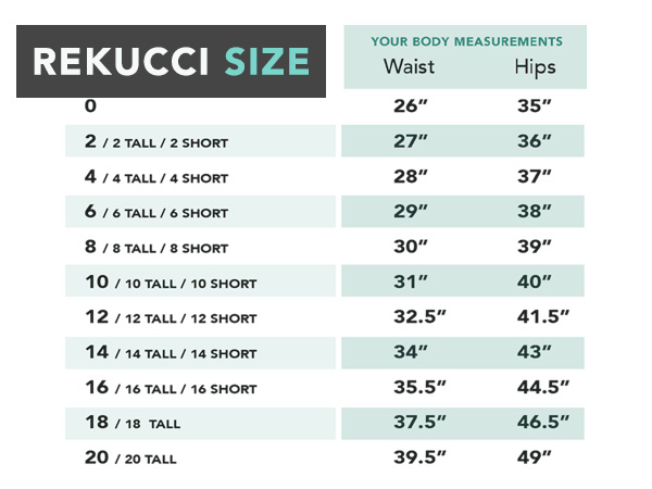 size chart for mobile viewing