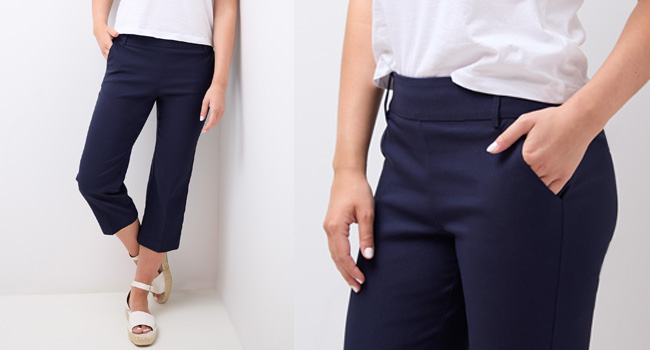 Front and side view of capri pant in navy.