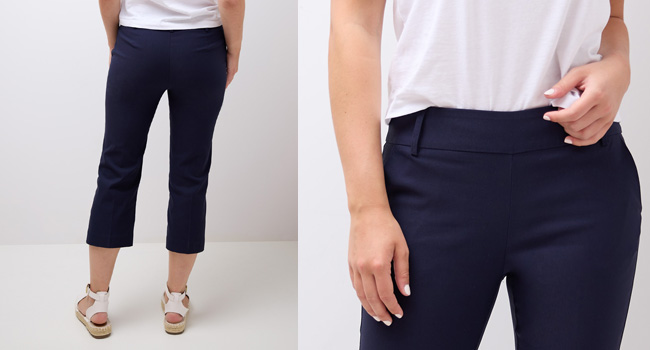 Close up views of capri pant in navy