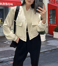 Women Casual Button Down Cropped Bomber Jacket