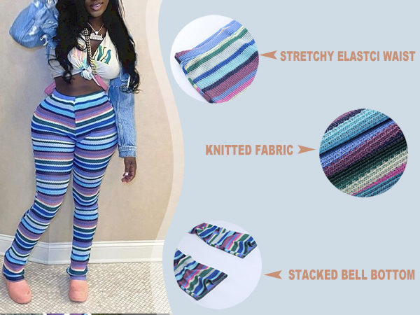 Bell Bottom Pants for Women - Elastic High Waist Colorful Striped Knit Yoga Pants