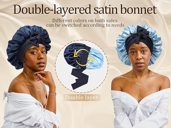 Reversible Silk Bonnet Jumbo Satin Bonnet Extra Large Hair Bonnet for Sleeping with Elastic Tie Band