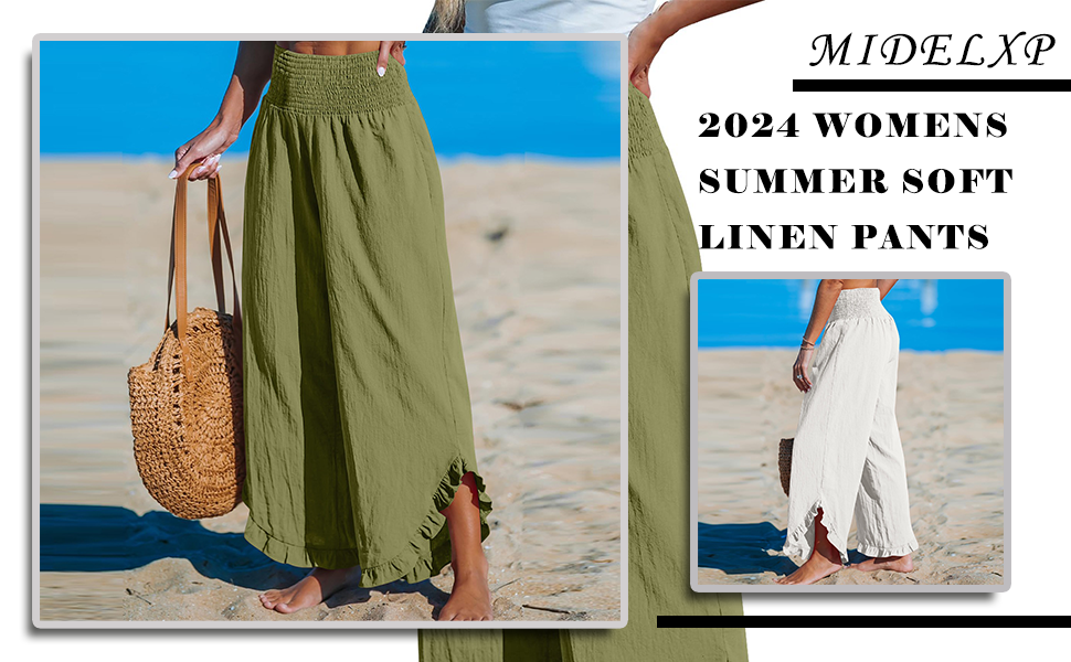 Linen Wide Leg Pants for Women Stretch Smocked High Waisted Ruffle Hem Palazzo Pants