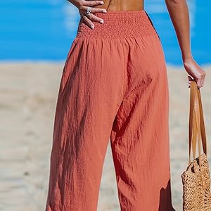 Linen Wide Leg Pants for Women Stretch Smocked High Waisted Ruffle Hem Palazzo Pants