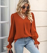 Funlingo Women Tops Dressy Causal Fashion Long Sleeve Chiffon Tunics Spring Loose Fit Work Blouse