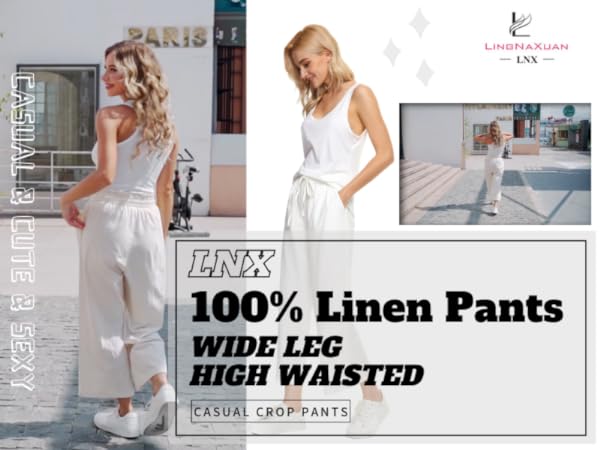 LNX Womens 100% Linen Pants Wide Leg High Waisted