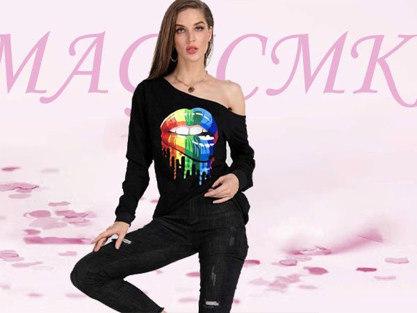 lady off shoulder fashion print long sleeve tops 