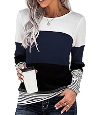 Womens Long Sleeve Color Block Tops Striped Casual Crewneck T Shirts Waffle Knit Sweaters