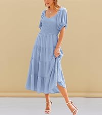 Spring Dresses 2024 Puff Sleeve V Neck Swiss Dot High Waist Chiffon Dress Tiered Smocked Maxi Dress