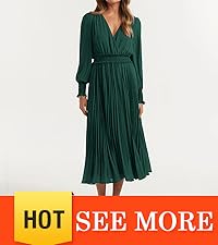 Womens V Neck Dresses for Wedding Guest Casual Pleated Long Sleeve Midi Ruffle Smocked Long Dress