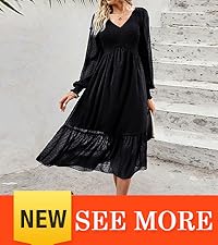 Fall Dresses Long Sleeve V Neck Swiss Dot Empire Waist Chiffon Dress Ruffle Smocked Midi Dresses