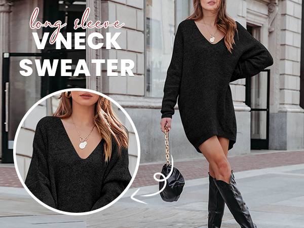 soft long sleeve v neck sweater dress for women knee length oversized fall sweaters for women 2023 