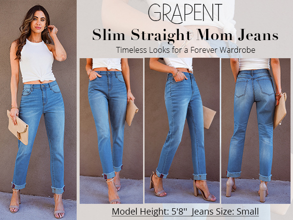 Jeans for Women Trendy High Waisted Slim Straight Leg Mom Jeans Stretchy Denim Pants 