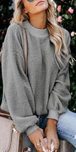 NEYOUQE Womens Chunky Fuzzy Sherpa Pullover Oversized Sweatshirts Loose Warm Top