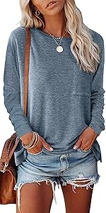 NEYOUQE Womens Loose Long Sleeve T Shirts Casual Comfy Tops Solid Color Top