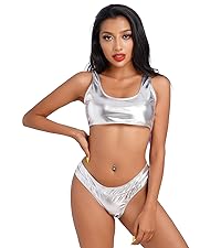 Women Rave Outfit Set Metallic Shiny Backless High Leg Cut Bikini Dance Wear