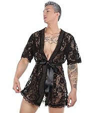 Men Sexy Lace Bathrobe Floral Mesh Lingerie Transparent Sleepwear Pajamas Suit Nightgown Robe