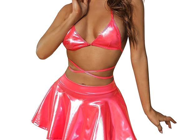 Rave Outfits Women Metallic Bikini Sets Sexy Halter Bra Panty Mini Skirt Swimsuits Music Festival