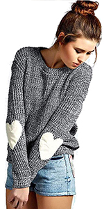 Women Casual Pullovers Cute Heart Pattern Elbow Patchwork Knitted Sweaters