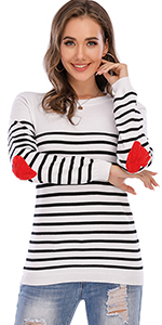 Women Striped Colorblock Pullover Cute Red Heart Elbow Patchwork Sweaters