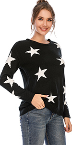 Women Long Sleeve Crew Neck Star Graphic Knit Casual Pullover Sweaters