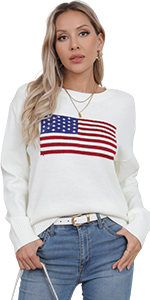 Womens Long Sleeve Crew Neck American flag Knit Casual Pullover Sweaters