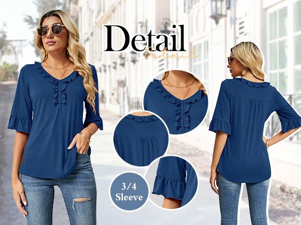 Women''s Casual V Neck T Shirts Loose Fall 3/4 Bell Sleeve Ruffle Tunic Blouses