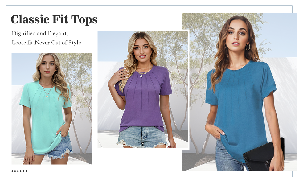 Womens Casual Crew Neck Short Sleeve Pleated Tops