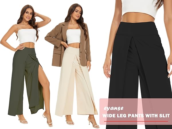 Wide Leg Pants for Women High Waisted Flowy Palazzo Pants with Slit Comfy Trendy Pants black green