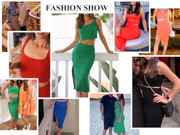 Women&#39;s 2 Piece Crew Neck Sleeveless Ribbed Tank Top Bodycon Slit Midi Skirt Outfit Dress Set