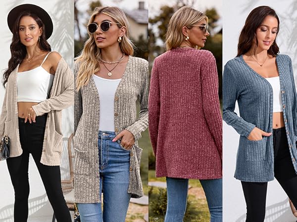 Women&#39;s 2023 Fall Cardigan Sweater Long Sleeve Open Front Coat Casual Knit Coatigan with Pockets