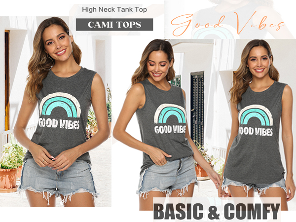 Women''s Casual Camis Tank Top Good Vibes Shirt