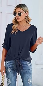 tie knot cuffed sleeve blouse