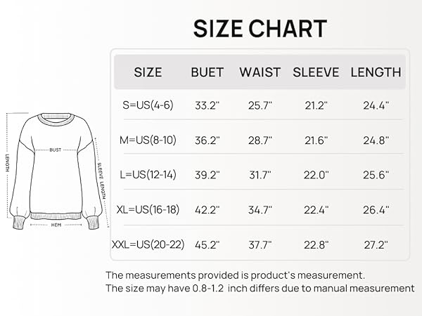 MEROKEETY Women&#39;s Crew Neck Long Sleeve Pullover Sweater-size chart