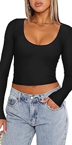 crop tops for women trendy,long sleeve crop top,crop tops,scoop neck tops for women