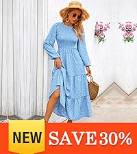 Smocked Top Long Sleeve Crewneck Long Dresses for Women Wedding Guest Dress