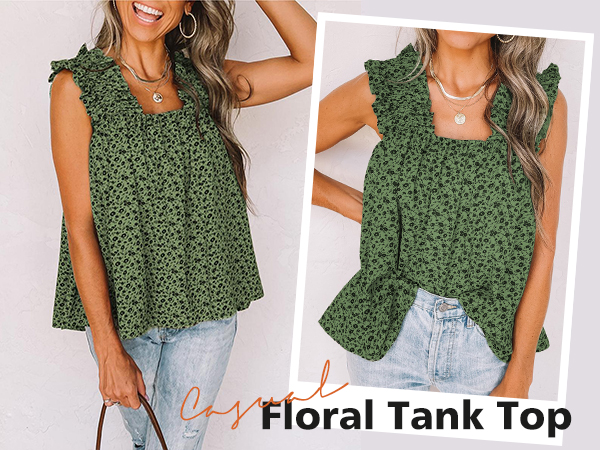 sleeveless ruffle womens tops dressy casual tops for women suqare neck floral tank tops women shirts