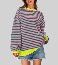 Striped Oversized Sweatshirt Color Block Crew Neck Long Sleeve Casual Loose Pullover Top Y2K Clothes