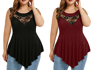 Women Plus Size Lace Panel Asymmetrical T Shirts Sleeveless Swing Tops