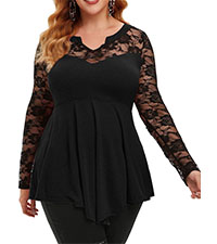 Plus Size T-Shirt for Women Sexy V-Neck Long Sleeve Lace Trim Curvy Top